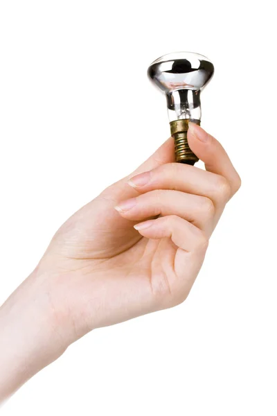Рука тримає лампочку ізольовано на білому — стокове фото