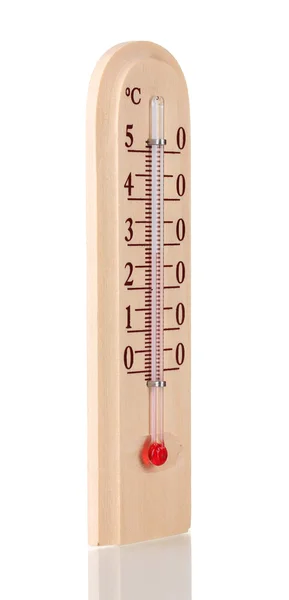 用白色隔离的木制温度计 — 图库照片