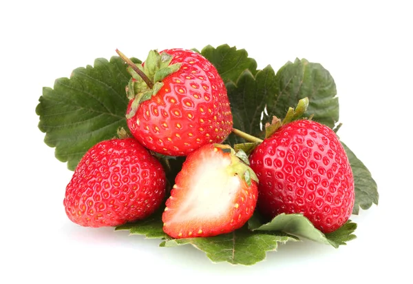 Sweet strawberries with leaves isolated on white — Stock Photo, Image
