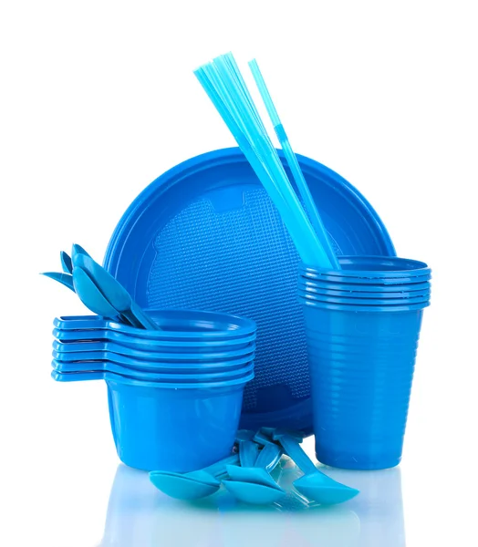 Helder blauwe plastic tafelgerei geïsoleerd op wit — Stockfoto