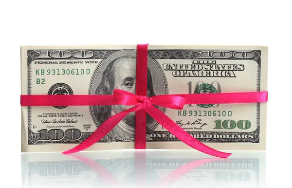 A lot of one hundred dollar bills tied pink ribbon isolated on white — Stock Photo, Image
