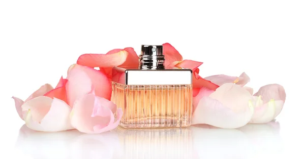 Perfume in a beautiful bottle and petals isolated on white — Stock Photo, Image