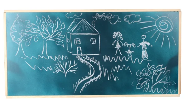 Tafel mit Zeichnung glückliche Familie mit Haus isoliert auf weiß — Stockfoto