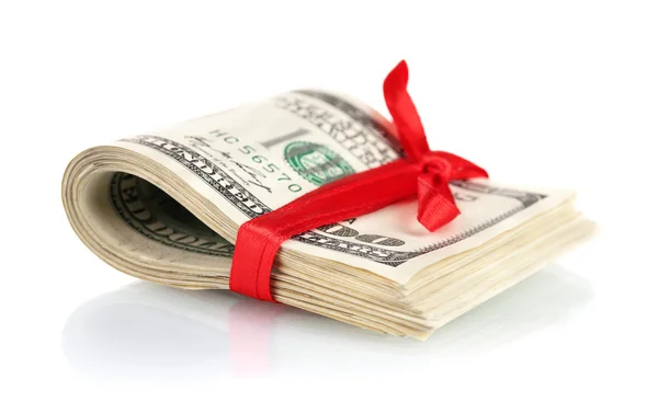 A lot of one hundred dollar bills tied red ribbon isolated on white — Stock Photo, Image