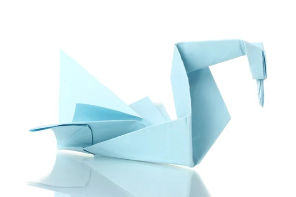 Origami swan out of the blue paper isolated on white — Stock Photo, Image