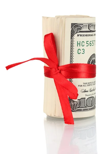 大量的一百美元的钞票绑上白色隔离的红丝带 — 图库照片