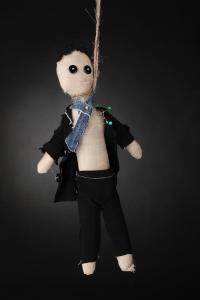 Hanged doll voodoo boy-groom on grey background — Stock Photo, Image