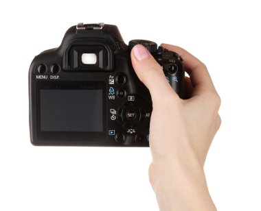 dijital fotoğraf makinesi üzerinde beyaz izole el