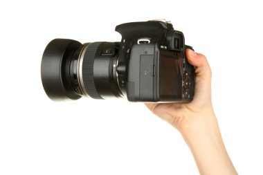 Digital photo camera in hand isolated on white clipart