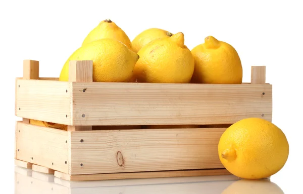 Ripe lemon in wooden box isolated on white — Stock Photo, Image