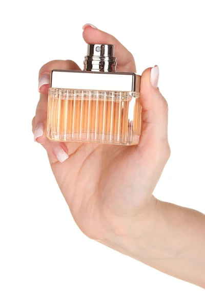 Frauenhand und Flasche Parfüm isoliert auf weiß — Stockfoto