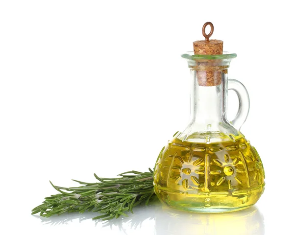 stock image Oil in a bottle and fresh rosemary isolated on white