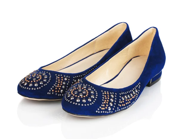 stock image Elegant blue flat shoes for women in stones isolated on white