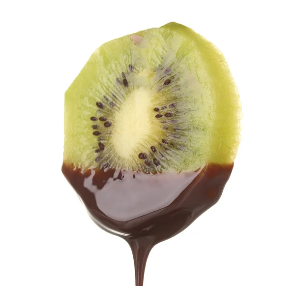 stock image Slice of ripe kiwi with chocolate isolated on white