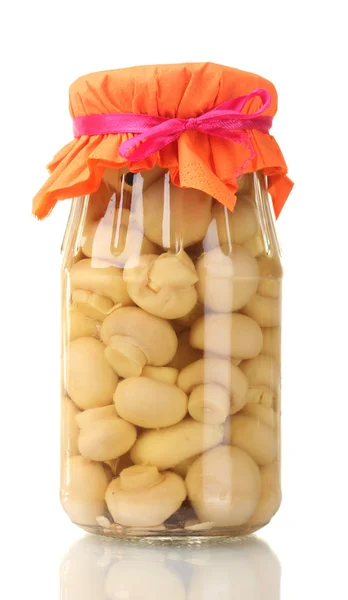Νόστιμα μαριναρισμένα μανιτάρια σε γυάλινο βάζο απομονωθεί σε λευκό — Φωτογραφία Αρχείου