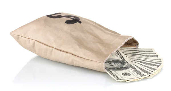 Beaucoup de billets de cent dollars dans un sac isolé sur blanc — Photo