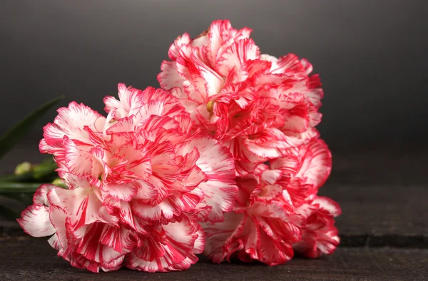 Beautiful carnations on wooden table on grey background — Stock Photo, Image