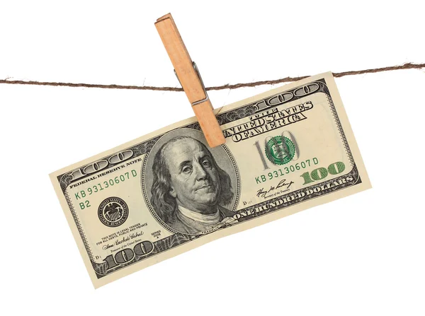 One hundred dollar bills is hanging on a rope with wooden clothespin isolat — Stock Photo, Image