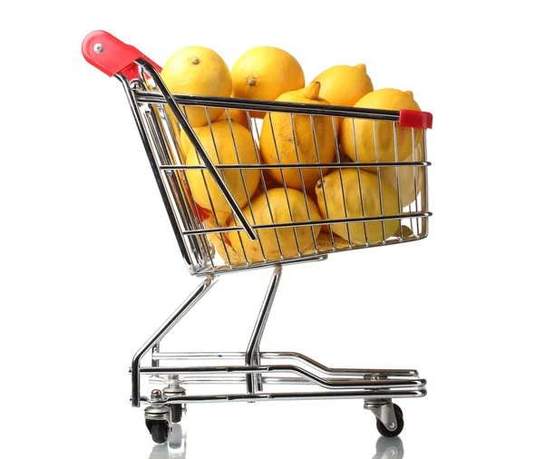 Ripe lemons in shopping cart isolated on white — Stock Photo, Image