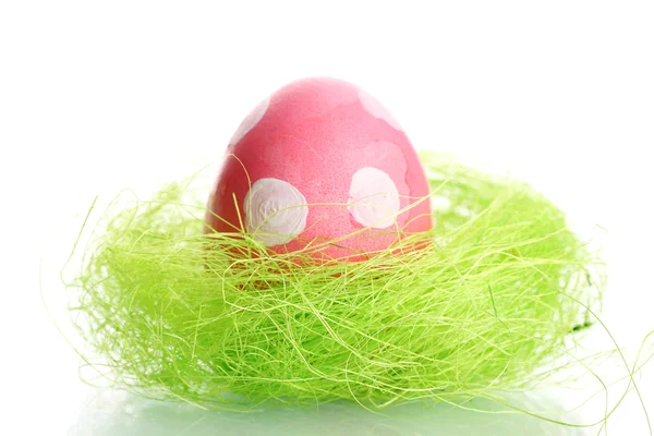 Розовое пасхальное яйцо с белой точкой в маленьком птичьем гнезде, изолированном на белом — стоковое фото