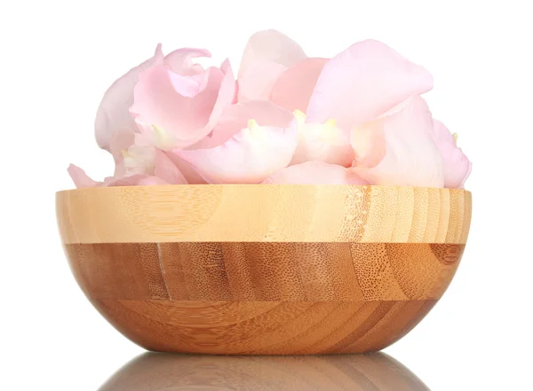 Beautiful pink rose petals in wooden bowl isolated on white — Stock Photo, Image