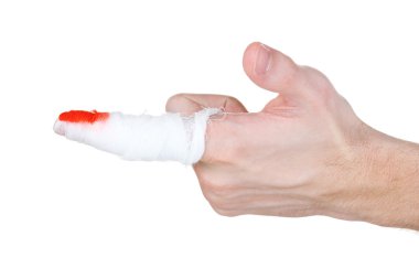 Bandaged thumb isolated on white clipart