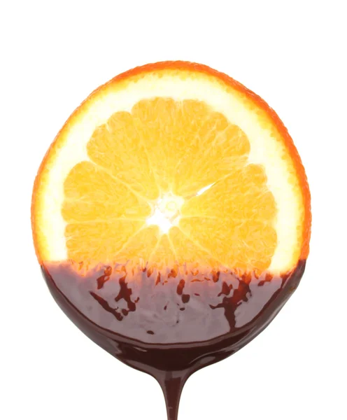 stock image Sliced ripe orange with chocolate isolated on white