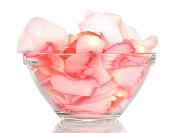 Piękne różowe płatki róż w szklanej misce na białym tle — Zdjęcie stockowe