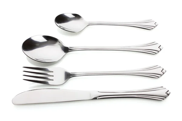Fourchette et cuillère en argent, couteau isolé sur blanc — Photo