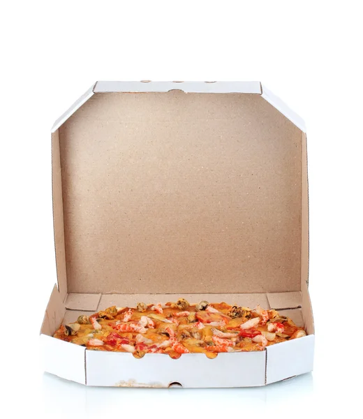 Delicious pizza with seafood in packaging isolated on white — Stock Photo, Image