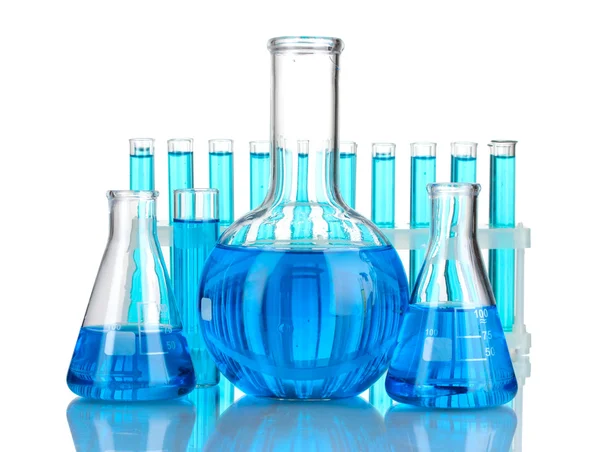 Tubos de ensaio com líquido azul, isolados a branco — Fotografia de Stock