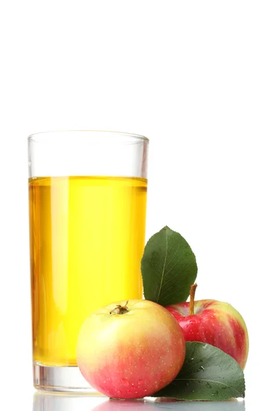 Delicious apple juice in glass and apples isolated on white — Stock Photo, Image