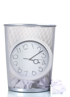 Wall Clock in metal trash bin and paper isolated on white clipart