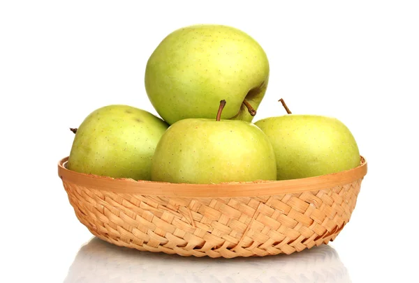 Juicy green apples in the basket isolated on white — Stock Photo, Image