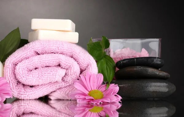 stock image Hotel amenities kit on gray background