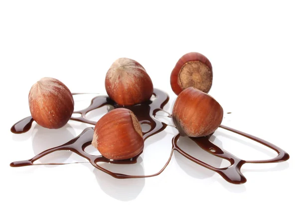 Köstliche Haselnüsse und Schokoladensirup isoliert auf weiß — Stockfoto