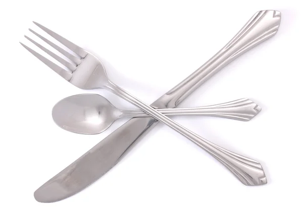 Silver gaffel och sked, kniv isolerad på vit — Stockfoto