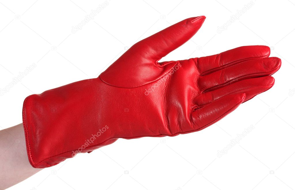 Women hand in red leather glove isolated on white