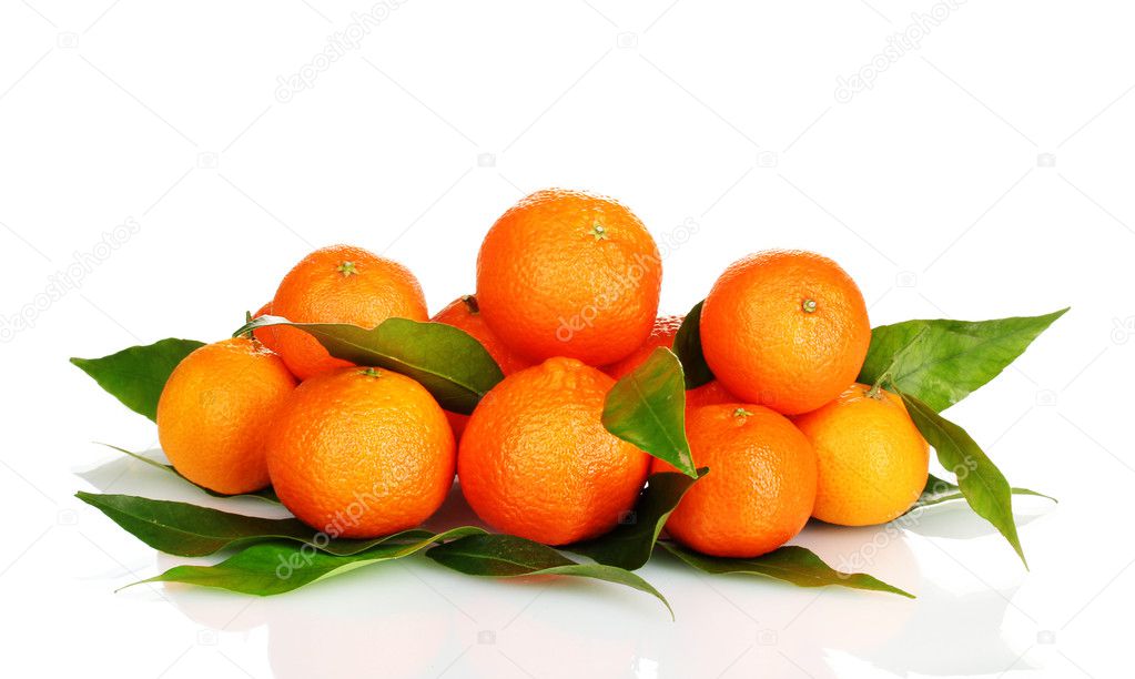 Ripe tasty tangerines with leaves isolated on white