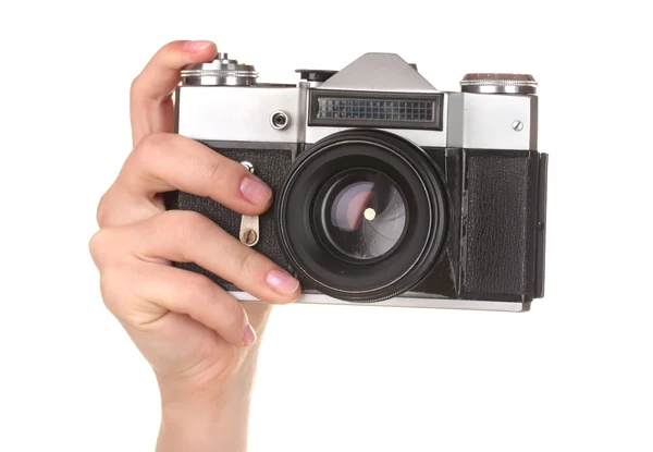 Stary aparat fotograficzny w ręku na białym tle — Zdjęcie stockowe