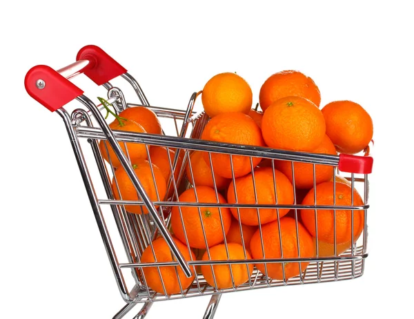 Ripe tasty tangerines in shopping cart isolated on white — Stock Photo, Image