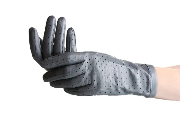 Τα χέρια των γυναικών με γκρι χρώμα δέρματος γάντια που απομονώνονται σε λευκό — Φωτογραφία Αρχείου