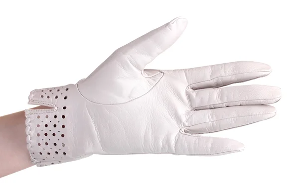 Οι γυναίκες χέρι σε γκρι δέρμα γάντι που απομονώνονται σε λευκό — Φωτογραφία Αρχείου