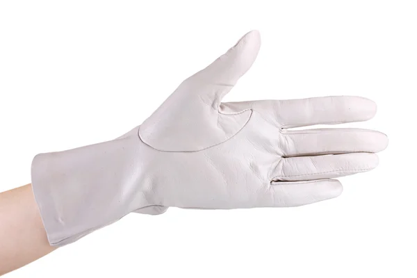 Frauen Hand in grauen Lederhandschuh isoliert auf weiß — Stockfoto