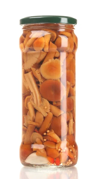 Cogumelos marinados no frasco de vidro isolado em branco — Fotografia de Stock