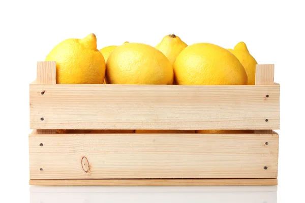 stock image Ripe lemon in wooden box isolated on white