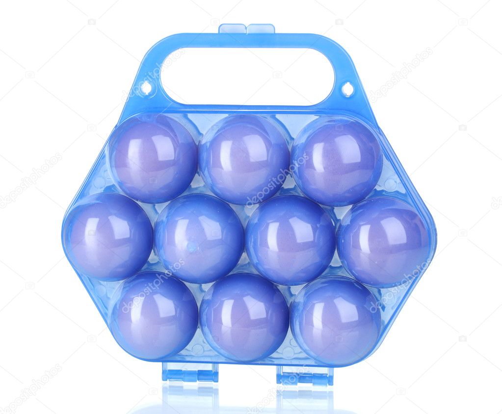 Eggs in blue plastic box isolated on white