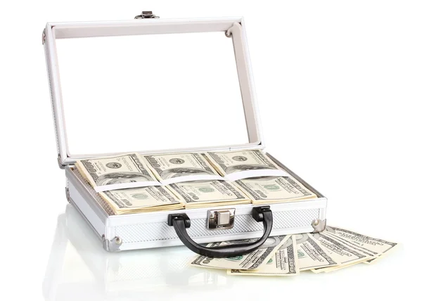 stock image A lot of one hundred dollar bills in a case isolated on white