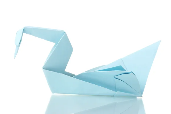 Origami-Schwan aus dem blauen Papier isoliert auf weiß — Stockfoto