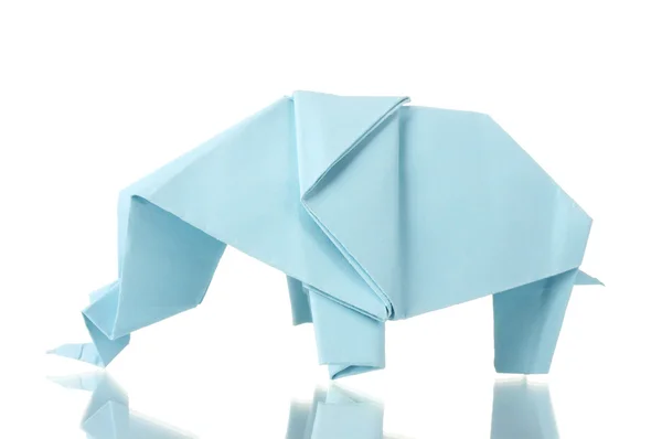 Origami elephant out of the blue paper isolated on white — Stock Photo, Image